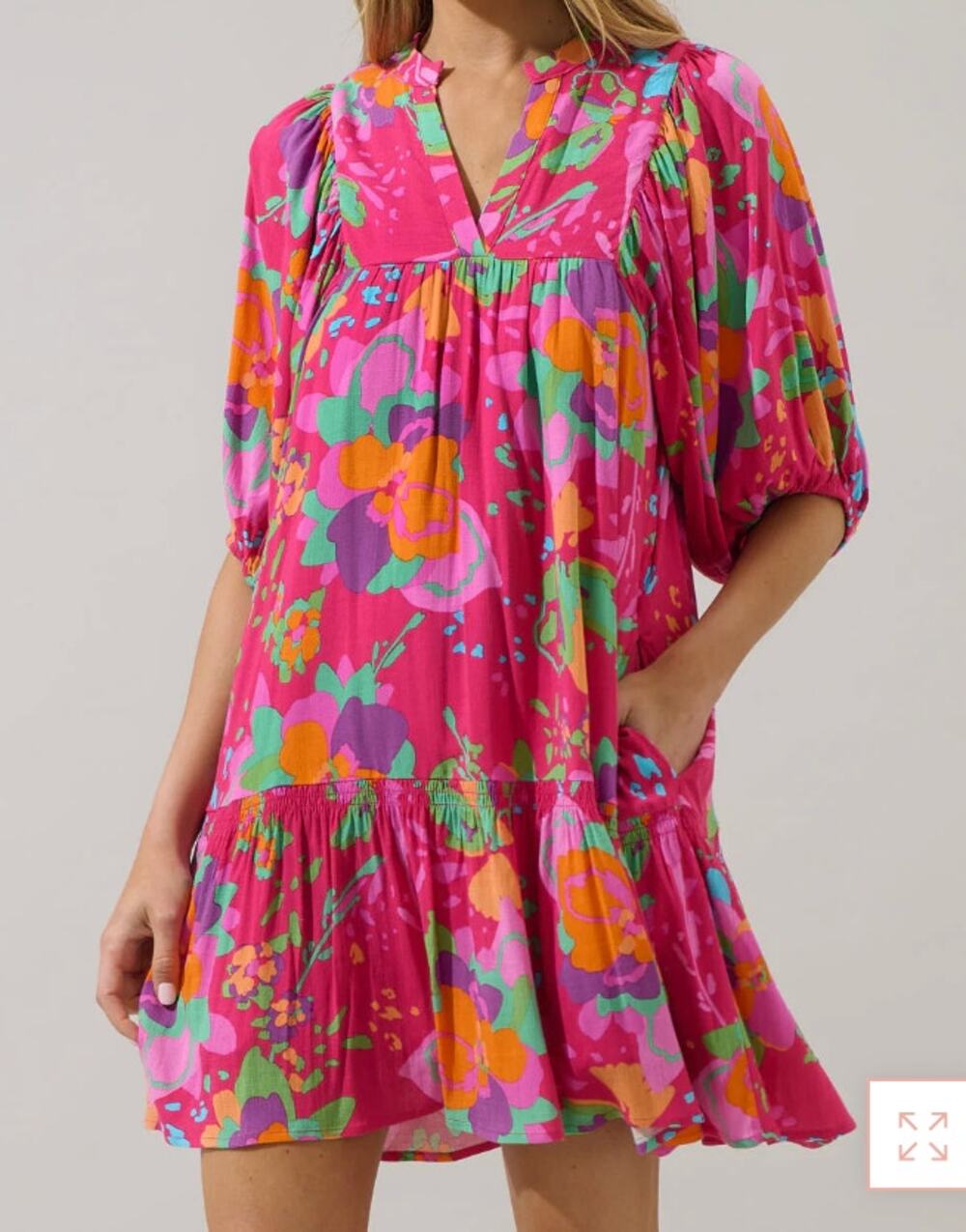 Sugarlips Himera Floral Maribor Shift Elbow Sleeve Tiered Babydoll Mini Dress S
